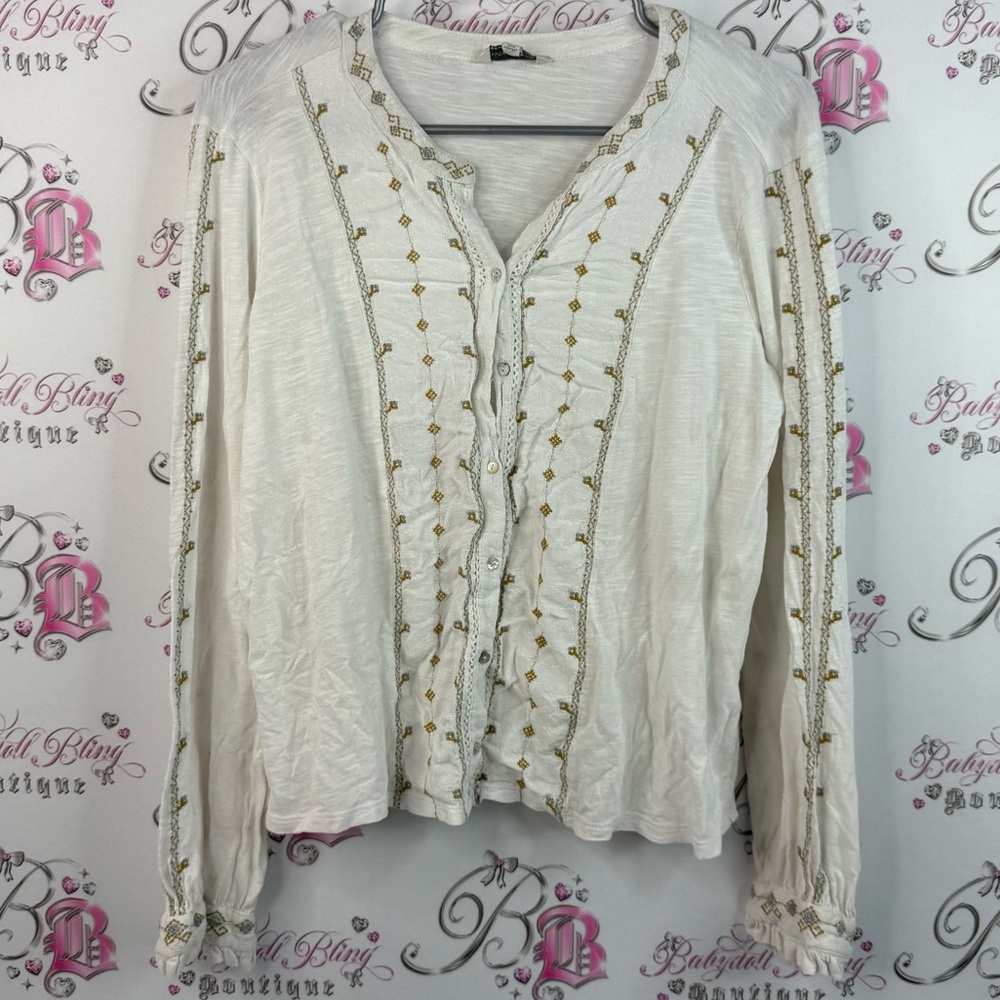 Lucky Brand button up embroidery shirt boho White Blouse with Gold Accents